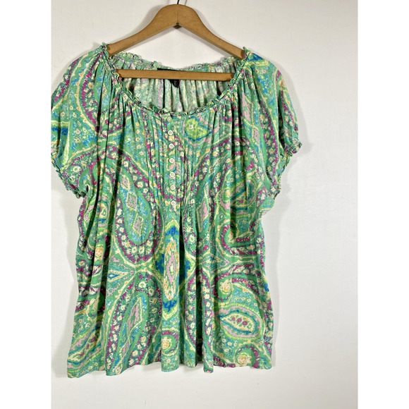 Ralph Lauren Top Size 2X Knit Green Paisley Print Peasant Henley Romantic Boho - Picture 6 of 12